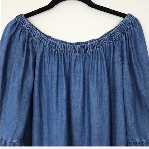 JANE & DELANCEY Blue Chambray Denim Ruffle Top Small Off Shoulder Fall Casual - Picture 4 of 8